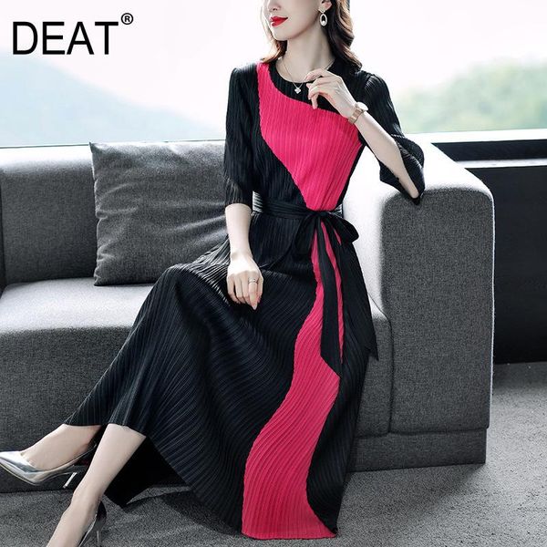 

casual dresses deat woman pleated maxi dress hit color round collar seven sleeve with sashes high waist style 2021 summer 15xf603, Black;gray