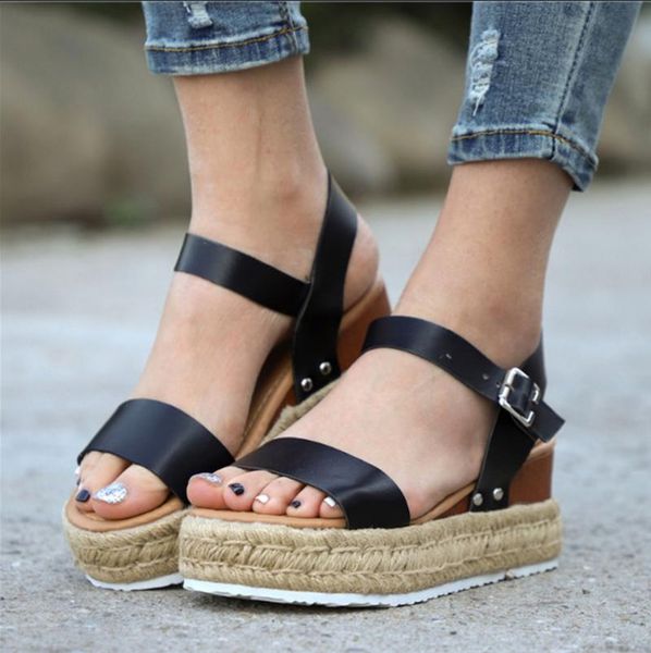 

sandals summer women's womens ladies fashion casual open toe wedges platform buckle strap shoes, Black