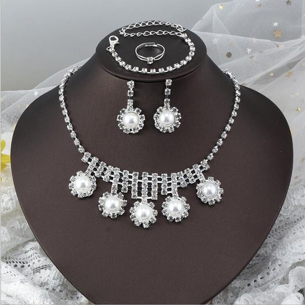

full diamond bride necklaces ring bracelet earring jewel set gsfs016 fashion women gift four-piece suit wedding jewelry sets, Slivery;golden