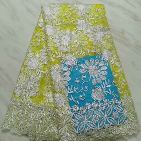 

ribbon latest yellow african wax lace fabric 2021 embroidered brocade nigerian beaded for sewing dress, Pink;blue