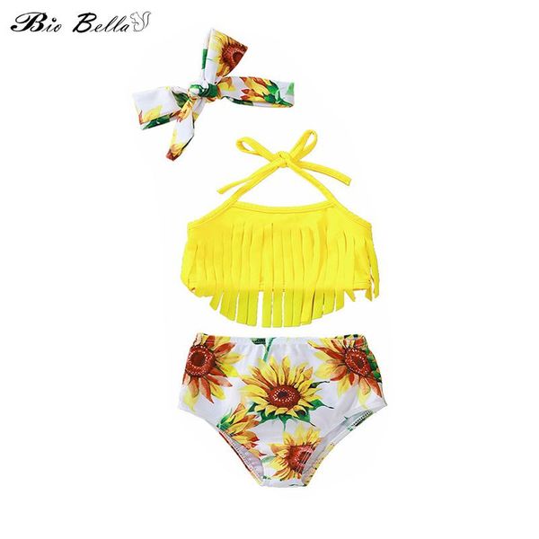 

one-piece suits trend girl swimsuit three-piece set strap bikini long tassel decor sunflower printed shorts with headband summer swimwe