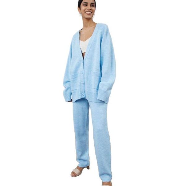 

women's two piece pants forerun women 2 pieces set solid deep v-neck oversized cardigan high waist knitted sweater suits fall winter lo, White