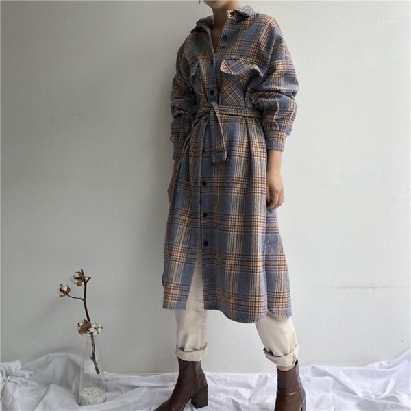 

women autumn elegant long sleeve long plaid coat vintage bandage winter outwear button turn-down collar woolen coat1, Black