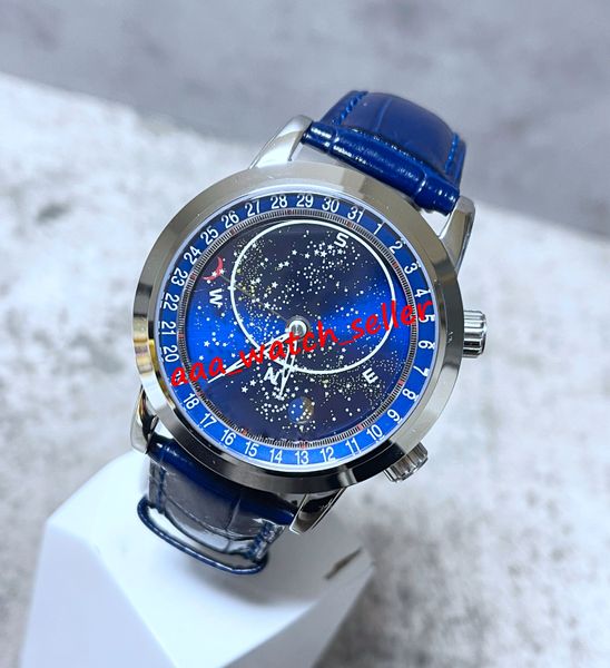 SJF Master Luxury Mens Lua Relógios 44mm Starry Sky 6102 6102P Liso Bezel Blue Couro Cinta Mecânica Mecânica Movimento Automático Sapphire Esporte Luminoso Esporte relógios de pulso