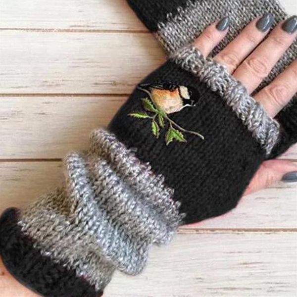 

five fingers gloves winter embroidery birds cotton fingerless glove for women girl' knitted block splice mittens womens, Blue;gray