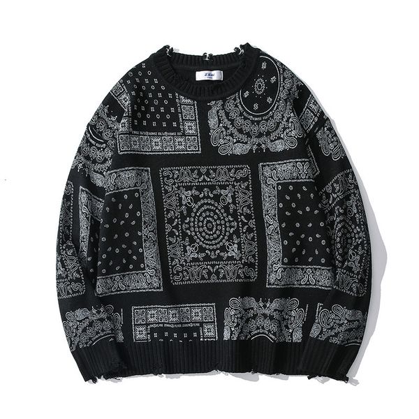 

sweater knit chao card cashew jacquard t shirt men hip hop high street personality hole hem, White;black