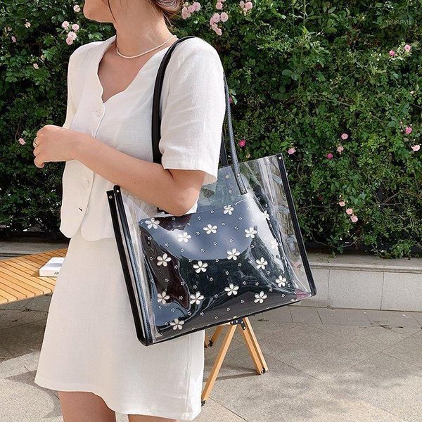 

evening bags 2021 fashion women transparent daisy pattern shoulder bag hardware chain strap color block messenger handbag composite tote