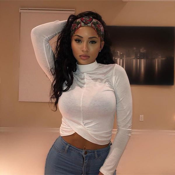 

women's t-shirt women spring autumn solid color slim base thin see-through long sleeve high collar crop knot hem wild shirt, White