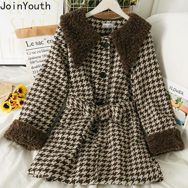 

women's jackets joinyouth winter vintage lamb hair patchwork lapel mid-length coat female bandage houndstooth tweed loose slim waist j, Black;brown