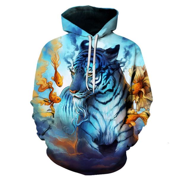 

2021new white tiger printed pocket pullover fashion hooded men's sweaterwinter, Black