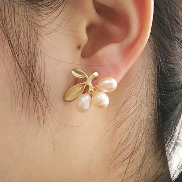 

stud freshwater pearl earrings trendy matte gold-color and silver plated metal shell flower, Golden;silver