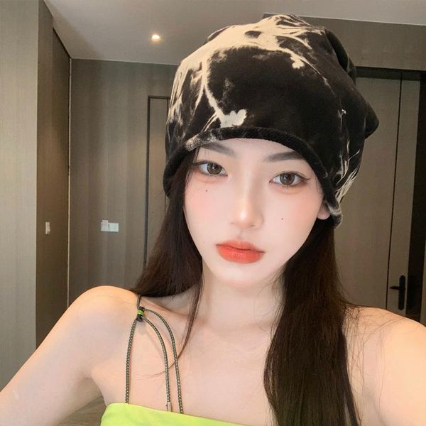 

beanie/skull caps japanese style tie dyed mixed color baotou hat women's fashion versatile face small pile thin net red scarf, Blue;gray