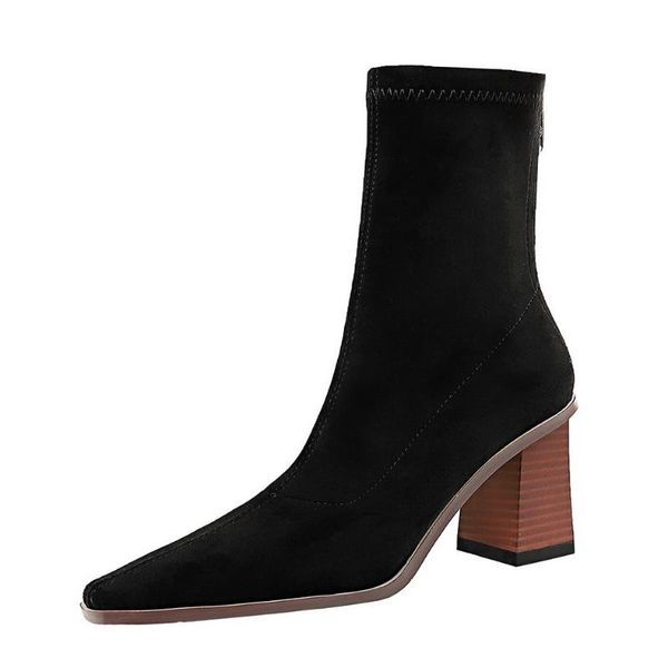 

dress shoes wood grain heel thick high fashion lean suede small square toe ankle boots winter women's, Black