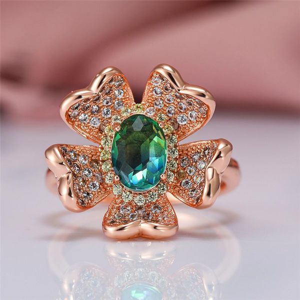 

wedding rings classic female blue green oval crystal ring dainty bride flower engagement vintage rose gold color for women, Slivery;golden