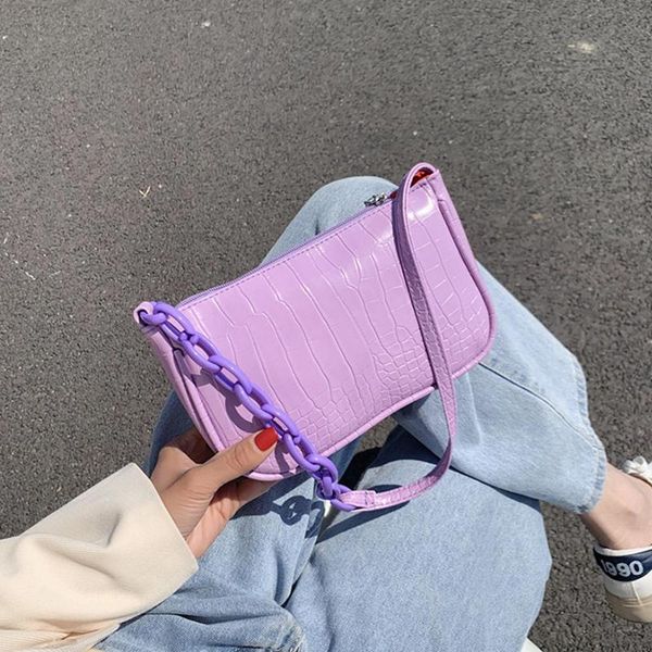 

evening bags crocodile pattern baguette handbag for women 2021 candy color chain ladies small shoulder fashion design leather armpit bag