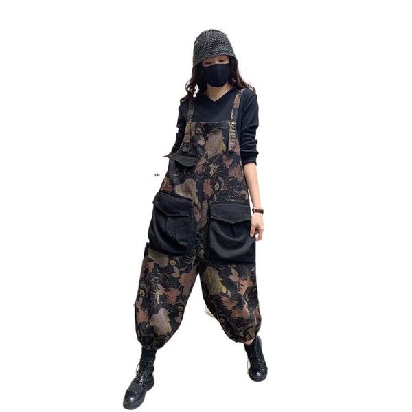 

women's jeans fairynatural spring autumn british design female denim flowers overalls women retro loose harem trouser pockets print, Blue