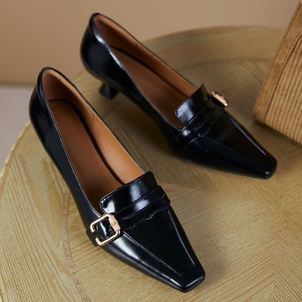 

womens genuine leather thin high heel square toe slip-on pumps elegant ladies metal buckle ol style daily dress shoes women hot, Black