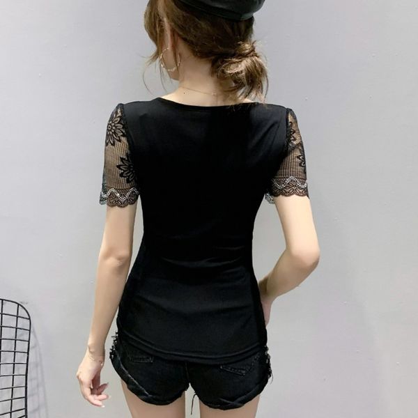 

2021 new summer korean style t-shirt fashion shiny diamonds shirt patchwork lace women ropa mujer all match tees t08412l p7xq, White