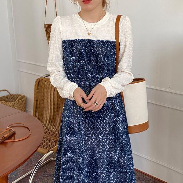 

casual dresses [ewq] 2021 autumn female loose round neck patchwork long sleeve minimalist pleated velour floral a-line dress 8q296, Black;gray