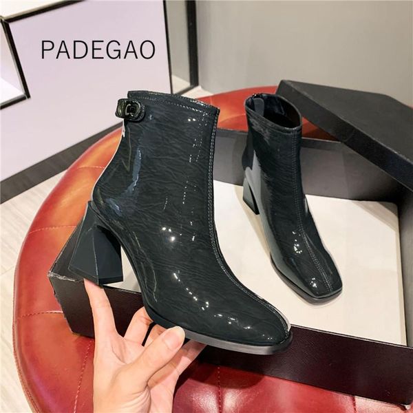 

boots women winter 2021 vintage korean ankle patent leather woman shoes, Black