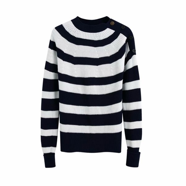 

fashion striped women knitwears autumn navy o neck ladies shirts slim button-fly female blouses girls chic 210527, White;black