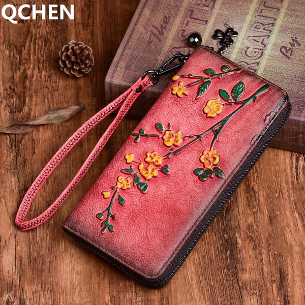 

wallets long woman version genuine leather wallet female vegetable tanned handmade retro hand zipper flower 759, Red;black