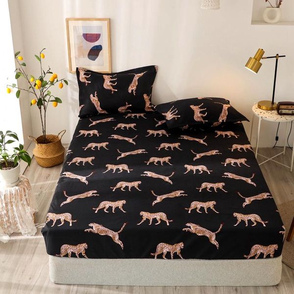 

sheets & sets 3 pcs bed sheet on elastic leopard black color single/queen/king draps de lit fitted