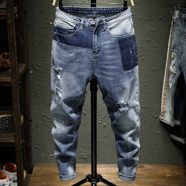 Классические мужские тощие растягивающие джинсы Джинсы Брюки промывают светло-синий с разорванными отверстиями патча брюки тонкие щипцы джинсы homme 210622