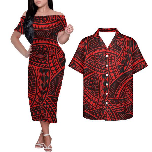 

casual dresses hycool tribal tattoos print polynesian red dress elegant ladies off shoulder custom fashion couple matching outfits, Black;gray