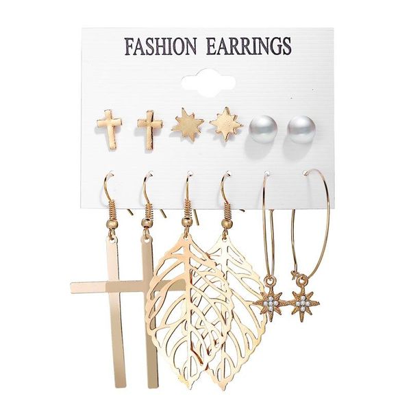 

dangle & chandelier fashion statement alloy leaf cross pearl star drop earrings set for women vintage wedding party jewelry gift 6 pairs, Silver