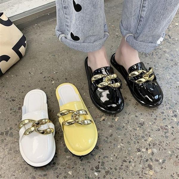 

slippers brand design women slipper fashion big gold chain sandals bright leather shoes round toe slip on mules flat heel casual slides, Black