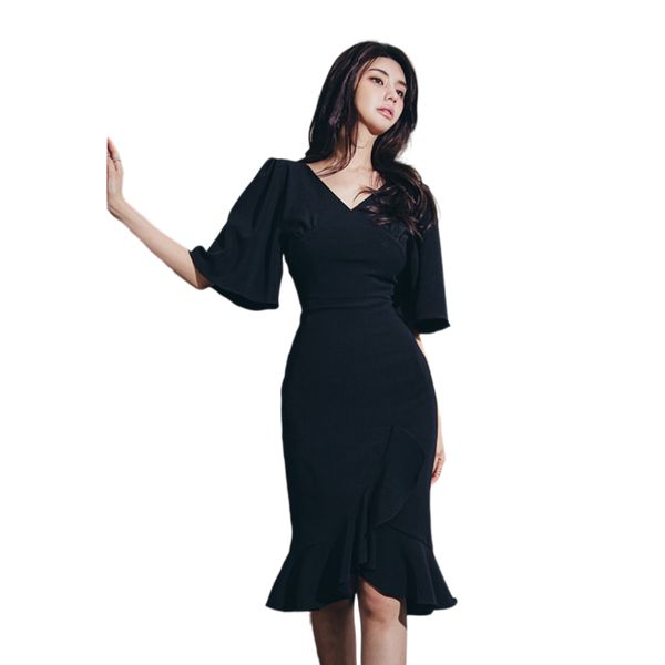 

2021 new escritrio senhora manga curta vero casual elegante com decote em v vestidos s slidos bodycon sddd, Black;gray