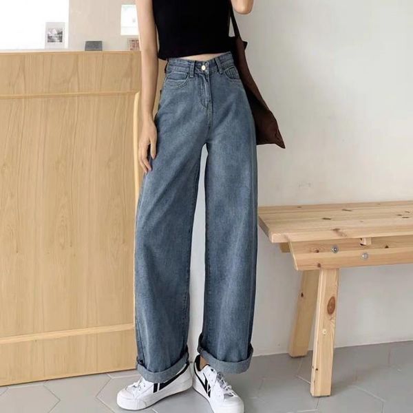 

houzhou wide leg jeans women spring 2021 streetwear denim trousers women jeans straight pants harajuku oversized plus size pants, Blue