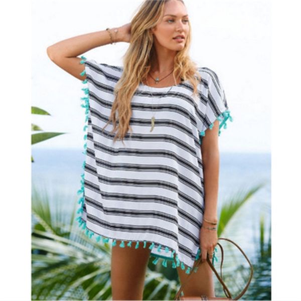 

ladies chiffon tassel bikini sunscreen loose blouse beach wear dress bikini cover clothing mini sundress cover-ups striped