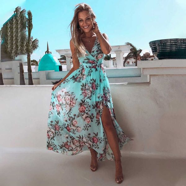 Summer Beach Dress Sexy sem mangas V Neck Senhoras Split Split Sundres Floral Imprimir Long Maxi Bohemian Party ES D30 210608