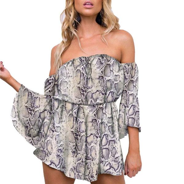 

feitong fashion women snake skin print jumpsuits flare sleeve off shoulder short romper #w30, Black;white