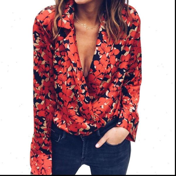 

arrival flower bodysuits romper women deep v neck floral print bodysuits casual long sleeve wrap over satin combinaison femme, Black;white
