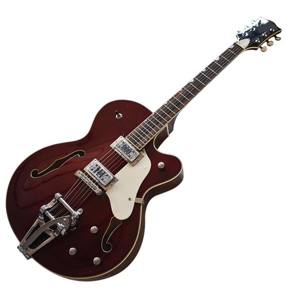 

6 strings dark red semi-hollow electric guitar with big tremolo,rosewood fretboard