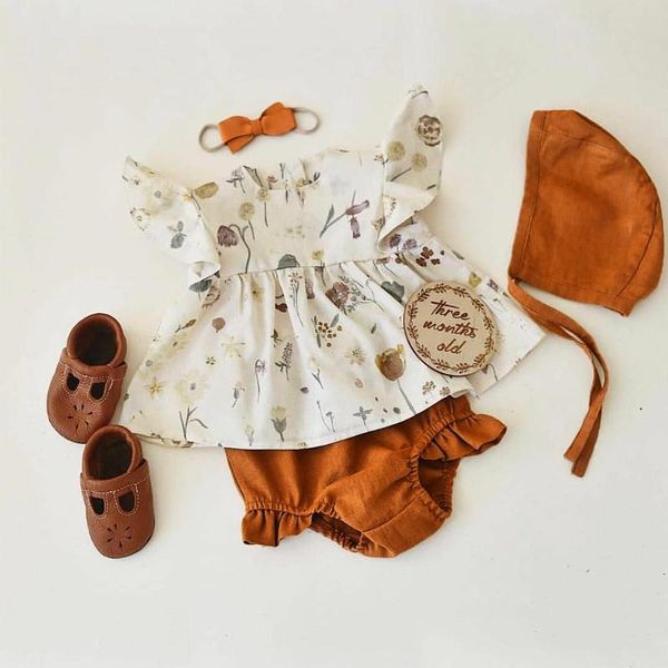 

lovely cute toddler kids baby girls ruffled print short sleeve summer pp shorts hair band hat 3piece outfit sets clothes, White