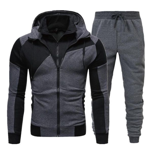 

men's tracksuits hooded stitching zipper sweatshirts and sweatpants suit casual sports long-sleeved two pcs top, Gray