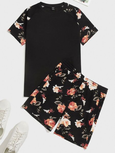 

men floral print raglan sleeve tee & shorts i6qk#, Gray