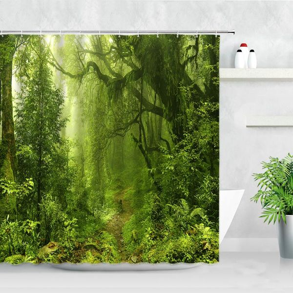 

shower curtains forest landscape curtain set tropical jungle green plants trees natural scenery modern decor waterproof bathroom