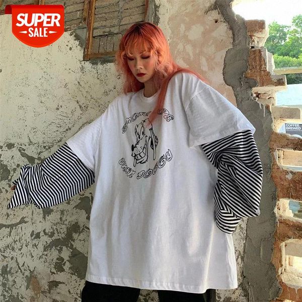 

patchwork striped long sleeve tshirt cartoon printing solid color women tee pullover trendy causal loose shirt camiseta mujer #r13h, White