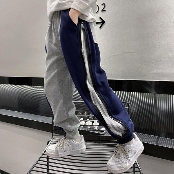 

trousers children sport pants teenage boys patchwork striped zipper for kids mid waist cotton bottoms clothes boy school pant, Blue