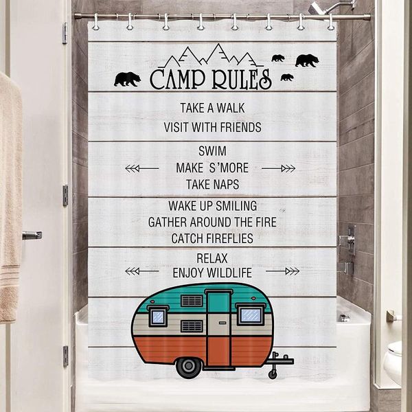 

shower curtains cabin rules curtain, wildlife animal bear with mountain rustic farmhouse curtain for camping trailer