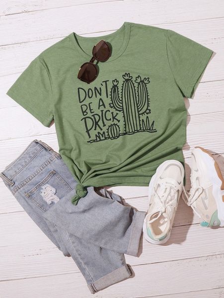 

plus cactus & slogan graphic tee a3op#, Black