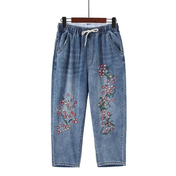 

women's jeans xl-6xl plus size embroidery cotton female european flowers was thin elastic calf-length wq1765, Blue