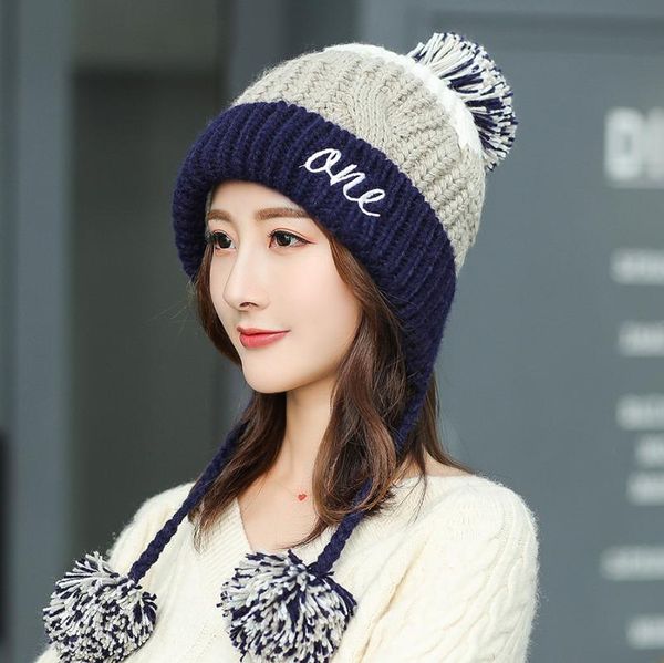 

2021 matching color fashion versatile knit hat lady winter new warm woollen hat for girl, Blue;gray