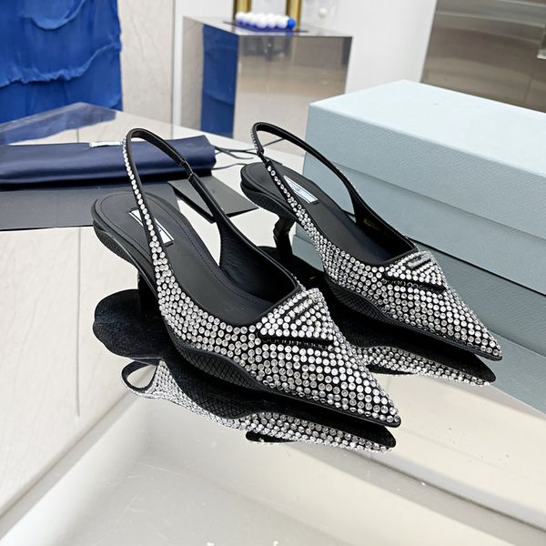 

designer shoe slides women slippers 2022 women's slingback sandals pump aria shoes arwith crystals sparkling sandal party fashion 100%, Black