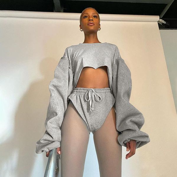 

women's tracksuits women casual loose oversize cuff high street v-shape short pants irregular two piece set autumn all-match shorts out, Gray